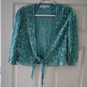 David Brooks Teal Floral Tie-Front Blouse